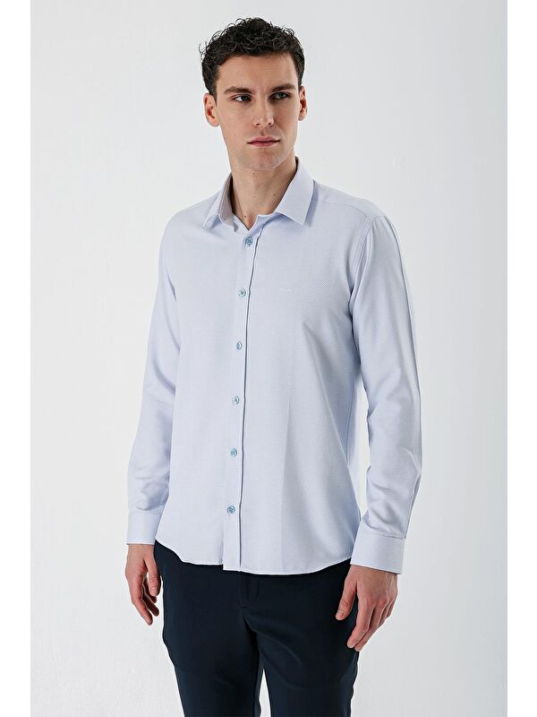 İMZA Koyu Mavi Uzun Kollu Desenli Armürlü Sert Yaka Cepsiz Pamuklu Slim Fit Dar Kesim Gömlek 1004235171