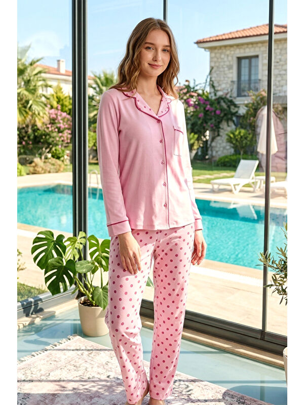 Remsa Kadın Kalp Desen Yumuşak Milan Kumaş Pijama Takımı 250347-13 Pembe06
