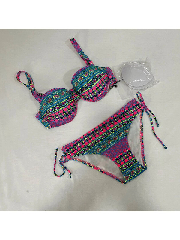 Hazelin Kadın Fuşya Çok Renkli Etnik Desen Atarlı Bikini Takımı HZL25S-LC8004
