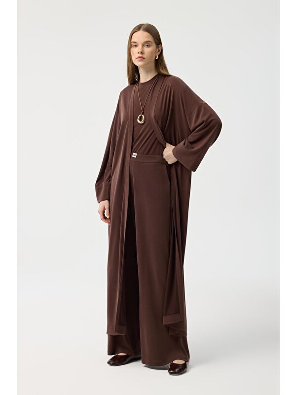 Kadriye Baştürk Modal Cupra Pantolon Bluz Abaya Takım Kahverengi