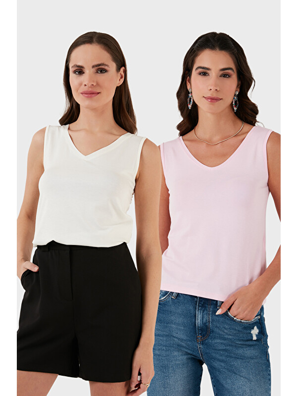 Lela Slim Fit V Yaka Kalın Askılı 2' li Paket Kadın Bluz 5864384S2