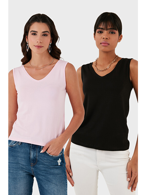 Lela Slim Fit V Yaka Kalın Askılı 2' li Paket Kadın Bluz 5864384S2