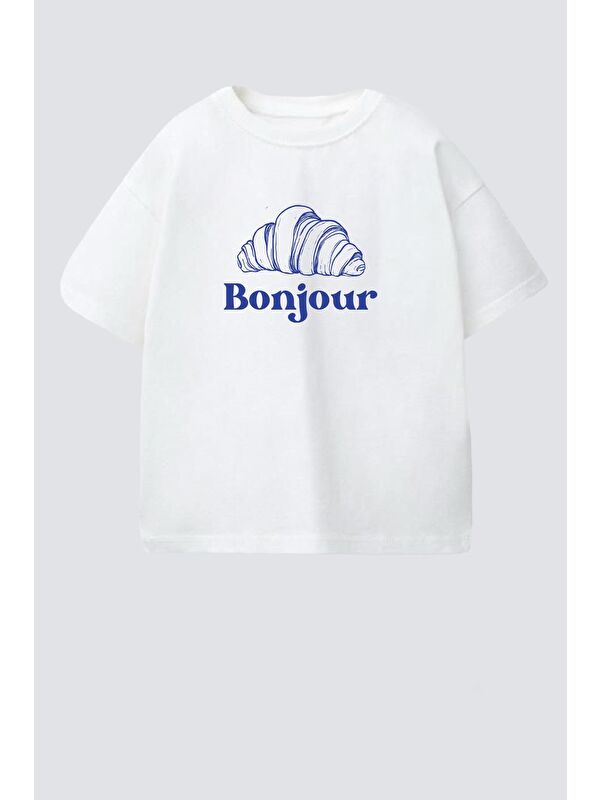 Monila Kız Çocuk Bisiklet Yaka Kruvasan Baskılı Tshirt
