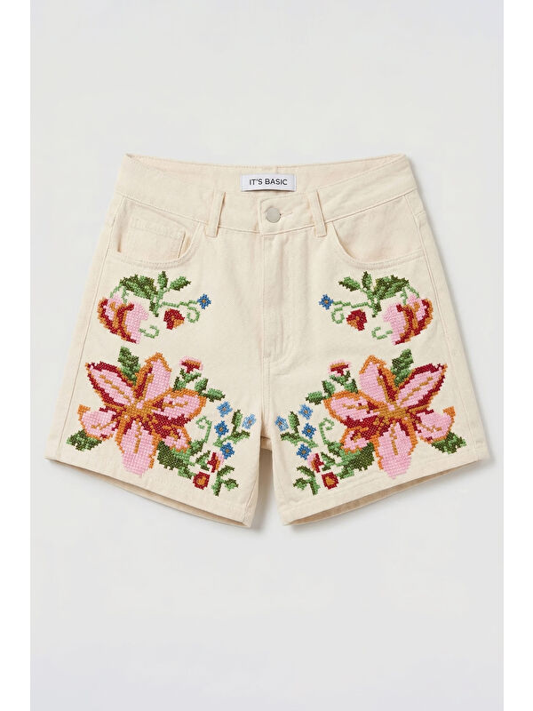 It's Basic Kadın Ekru 7s6-69 Mom Fit Yüksek Bel Çiçek Nakışlı Özel Tasarım Denim Şort
