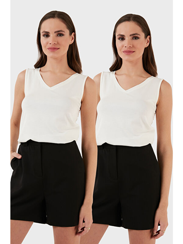 Lela Slim Fit V Yaka Kalın Askılı 2' li Paket Kadın Bluz 5864384S2