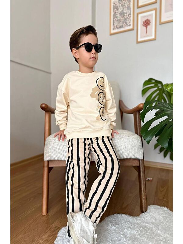 My Kids Wear Emoji Baskılı Çizgili Spor Erkek Çocuk Takım