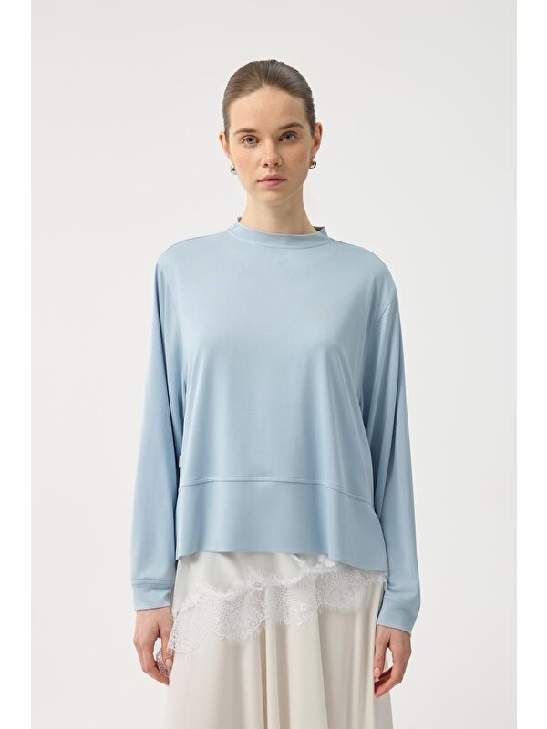 Kadriye Baştürk Modal Cupra Yırtmaçlı Kısa Sweatshirt Açık  Mavi