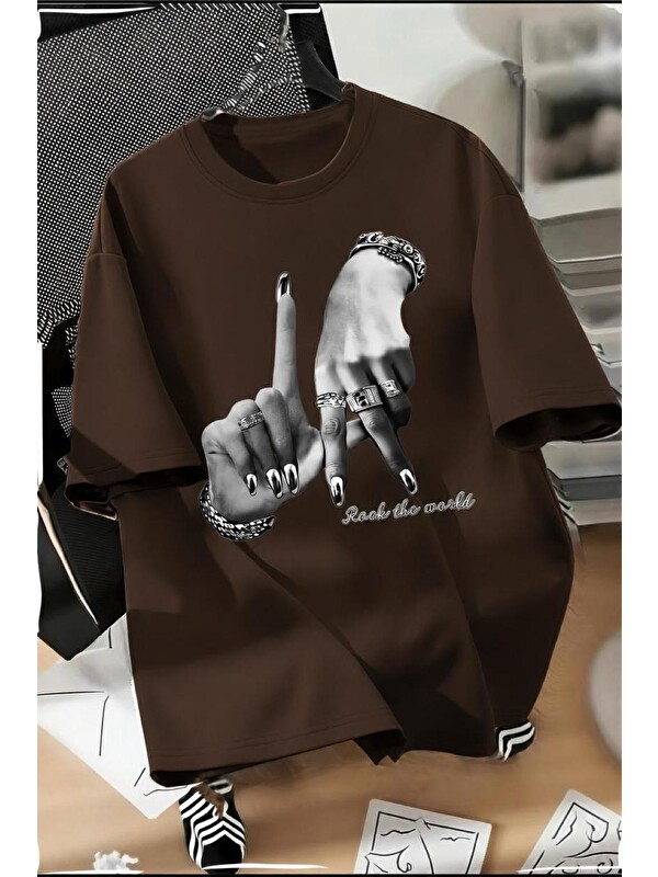 Oksit LA El İşareti Ön Baskılı Sokak Modası Unisex T-Shirt