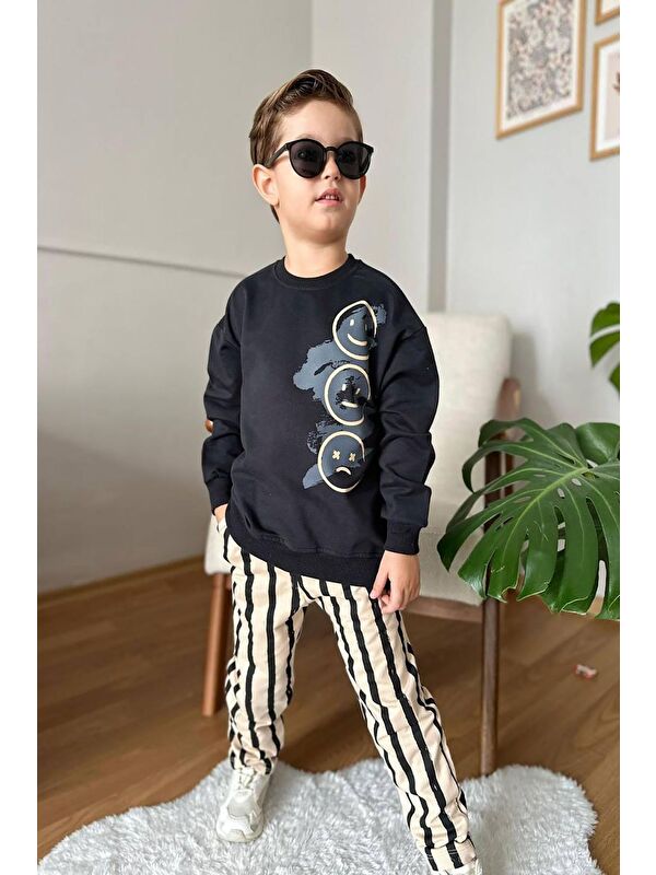 My Kids Wear Emoji Baskılı Çizgili Spor Erkek Çocuk Takım