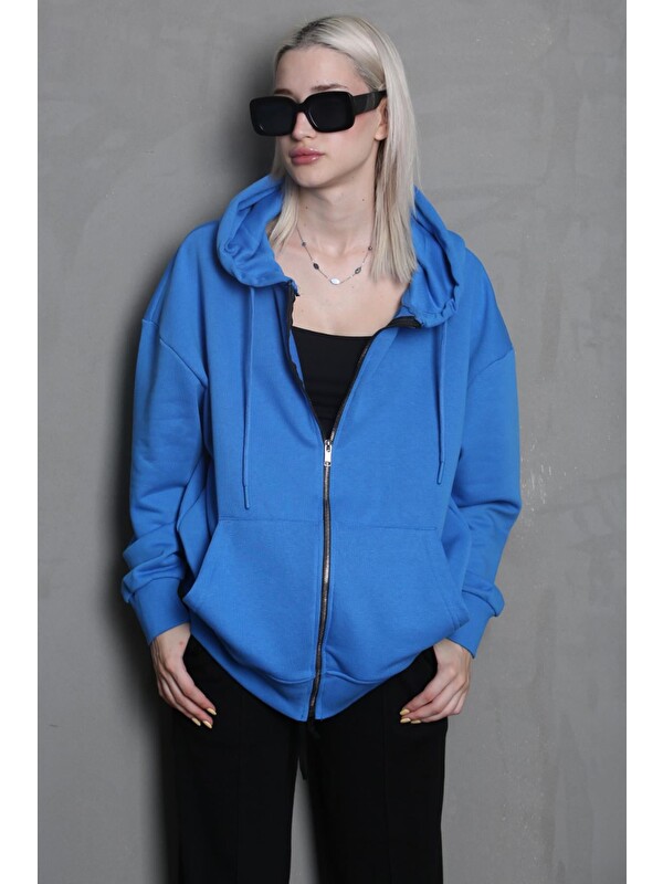 Madmext Mavi Kapüşonlu Basic Sweatshirt Mg1900