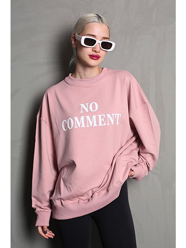 Madmext Pembe Bisiklet Yaka Baskılı Oversize Kadın Sweatshirt Mg1902
