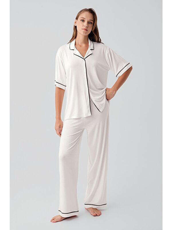 Artış Kısa Kollu Düğmeli Oversize Esnek Elastanlı Viskoz Soft Pijama Takım 19210