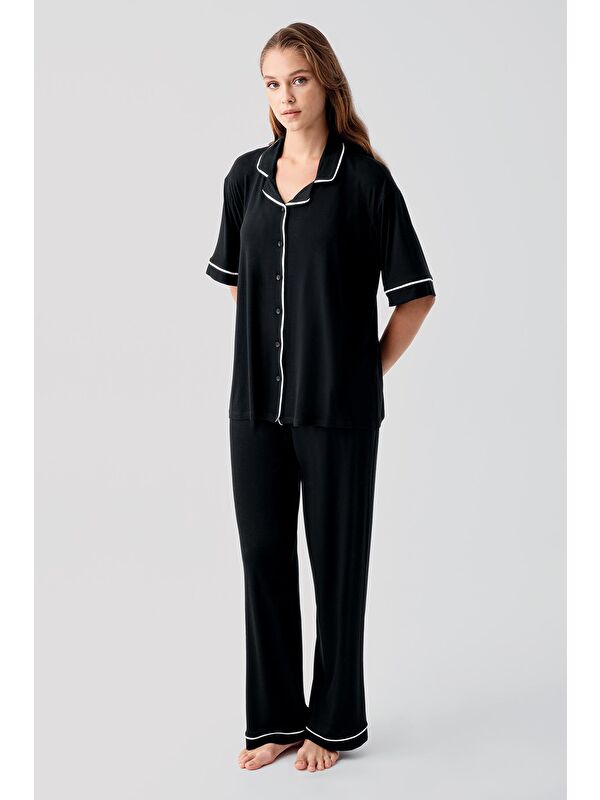 Artış Kısa Kollu Düğmeli Oversize Esnek Elastanlı Viskoz Soft Pijama Takım 19210