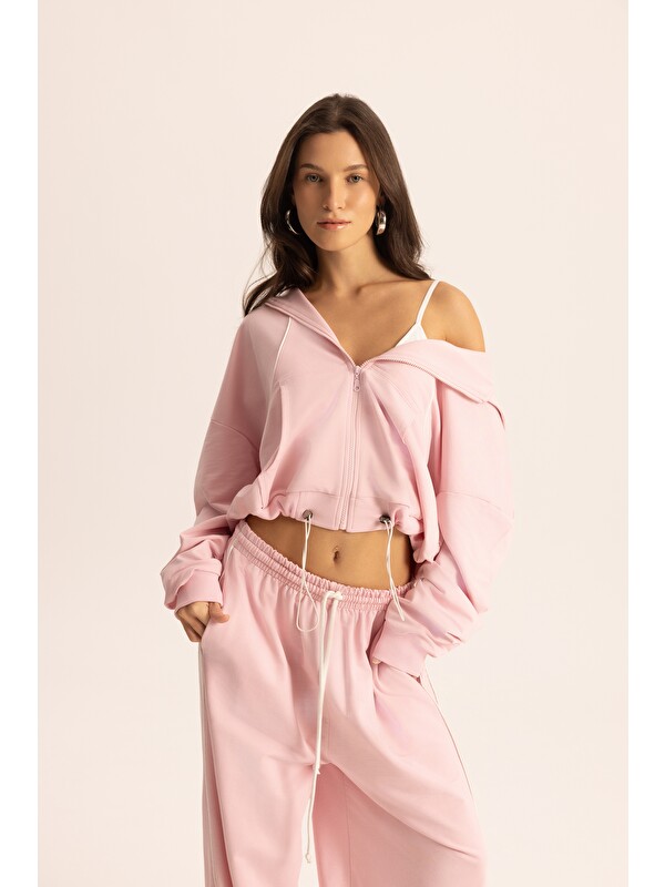 Mai Collection Tyon Şerit Detay Pembe Kapüşonlu Crop Eşofman Takım