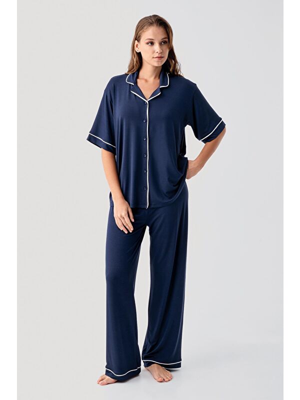 Artış Kısa Kollu Düğmeli Oversize Esnek Elastanlı Viskoz Soft Pijama Takım 19210