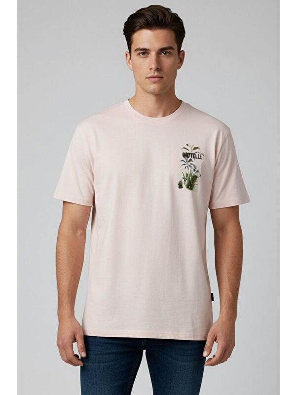 Sabri Özel Giotelli Açık Pembe Bisiklet Yaka Baskılı Erkek T-Shirt