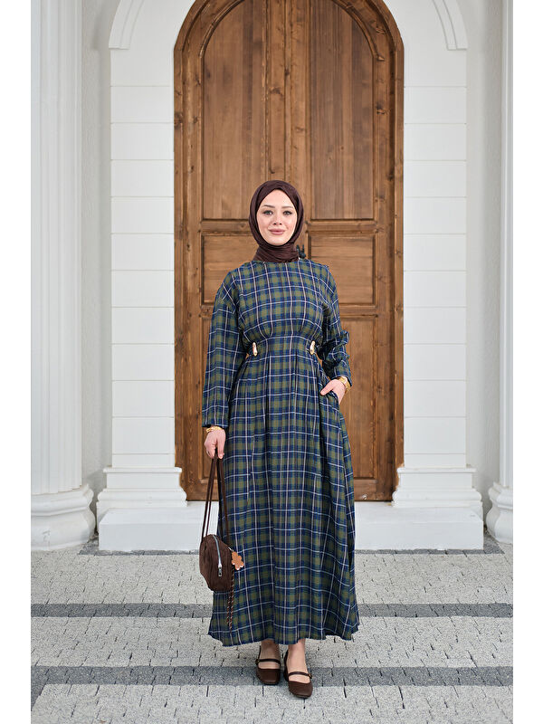 Locco Moda Kadın Ekose Desen Bronş Detay Arkadan Bağlamalı Elbise Yeşil