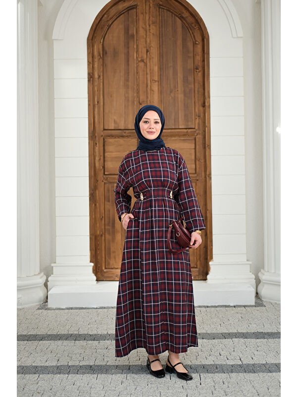 Locco Moda Kadın Ekose Desen Bronş Detay Arkadan Bağlamalı Elbise Bordo