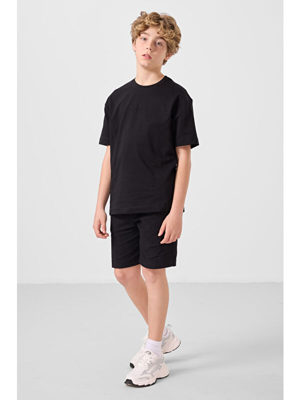 Tommylife Siyah Pamuklu Oversize Fit Dokuma Hafif Esnek Chino Erkek Çocuk Şort Takım - 11276