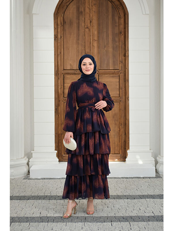 Locco Moda Kadın Kat Kat Dökümlü Şifon Elbise Mor