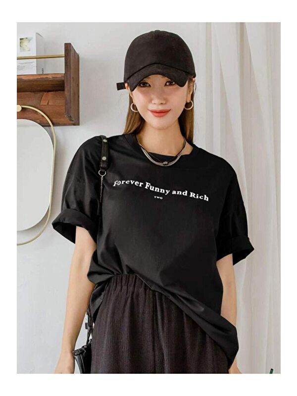 Trendseninle Kadın Siyah Funny Baskılı Oversize Tişört