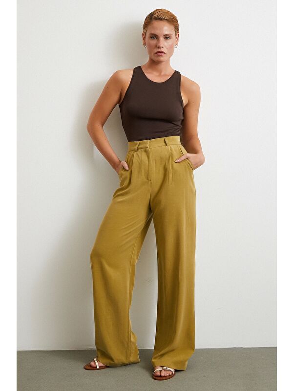Never More Keten Palazzo Pantolon Olive