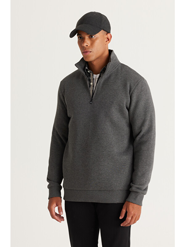 AC&Co / Altınyıldız Classics Erkek Antrasit-Melanj Standart Fit Normal Kesim İçi Polarlı Bato Yaka Pamuklu Sweatshirt