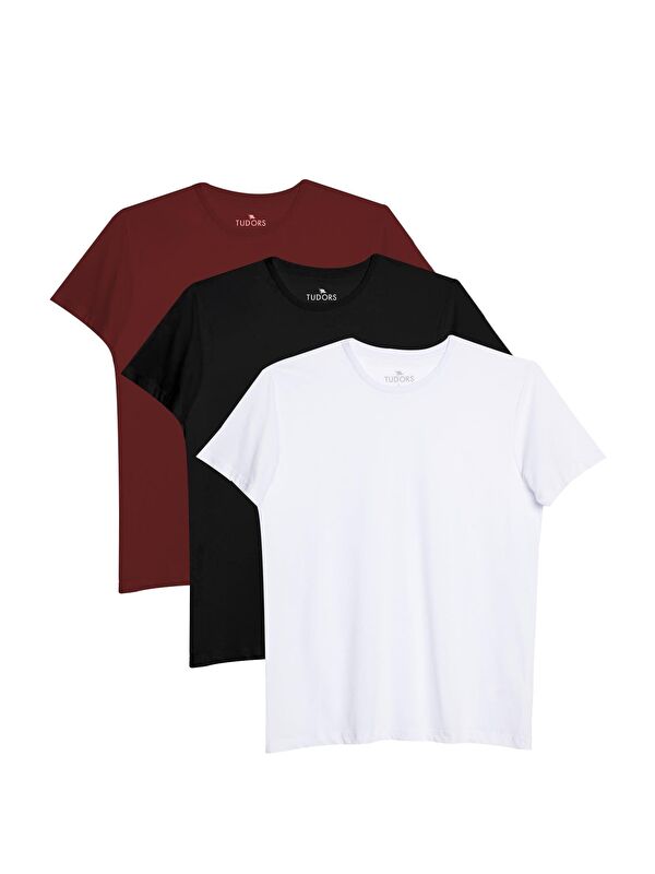 TUDORS Unisex 3'Lü Paket Siyah-Beyaz-Bordo Rengi Slim Fit Dar Kesim %100 Pamuk Bisiklet Yaka Tişört