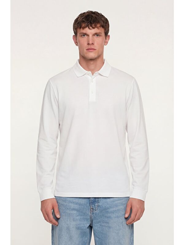 Sabri Özel Erkek Ekru Normal Kesim Regular Fit %100 Pamuk Uzun Kollu Düğmeli Polo Yaka Sweatshirt
