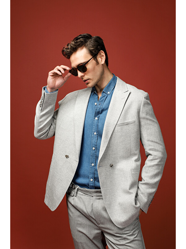 Kiğılı Dar Kesim Keten Karışımlı Kruvaze Blazer Ceket