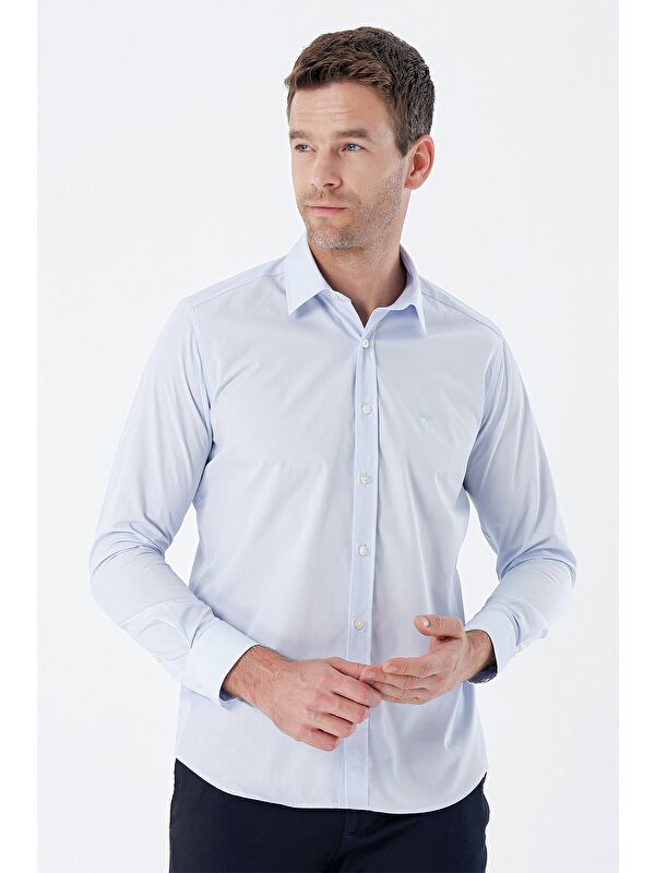 İMZA Koyu Mavi Uzun Kollu Bez Ayağı Sert Yaka Cepsiz Pamuklu Basic Slim Fit Dar Kesim Gömlek 1004235357