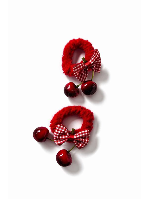 New Obsessions Cherry Red Lastik Toka – Ekose Fiyonk & Kiraz Detaylı (2’li Set)