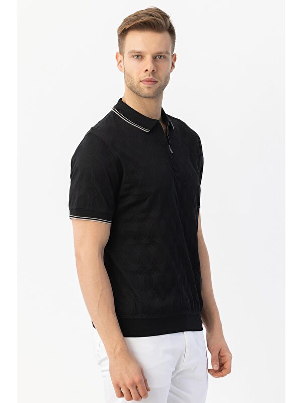 Sabri Özel Giotelli Siyah Regular Fit %100 Pamuk Merserize Fermuarlı Polo Yaka Erkek Tişört
