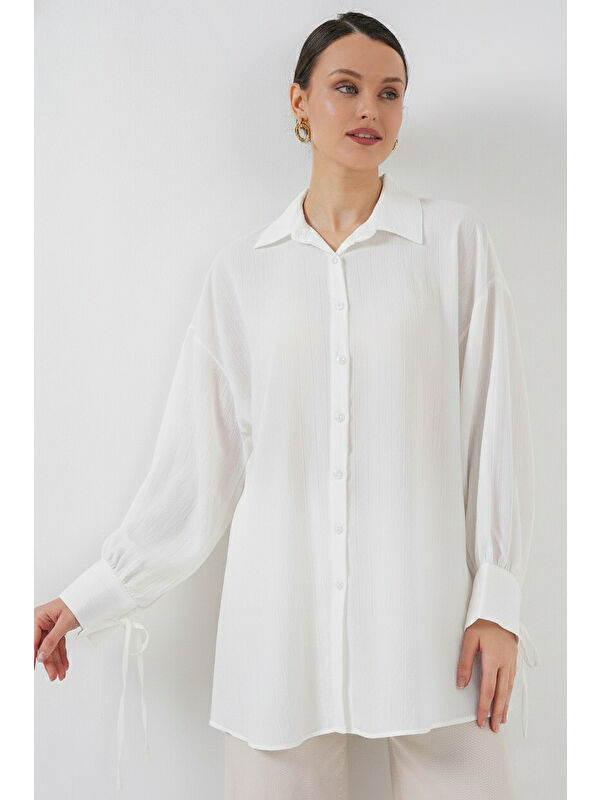 Bigdart Kadın Oversize Bağcıklı Gömlek 5954 - Beyaz
