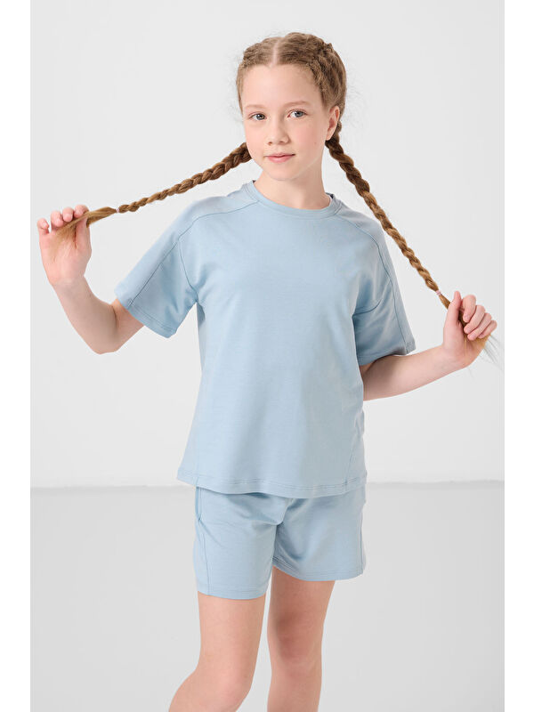 Tommylife Açık Mavi Pamuklu Yumuşak Dokulu Standart Fit Basic Kız Çocuk Şort Takım - 75184
