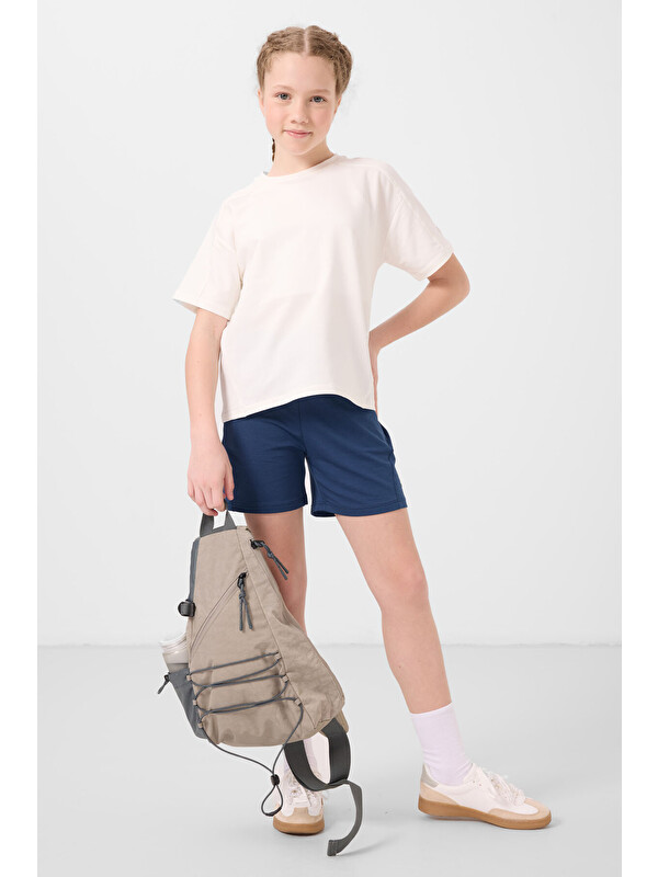 Tommylife Ekru-Parlament Pamuklu Yumuşak Dokulu Standart Fit Basic Kız Çocuk Şort Takım - 75184