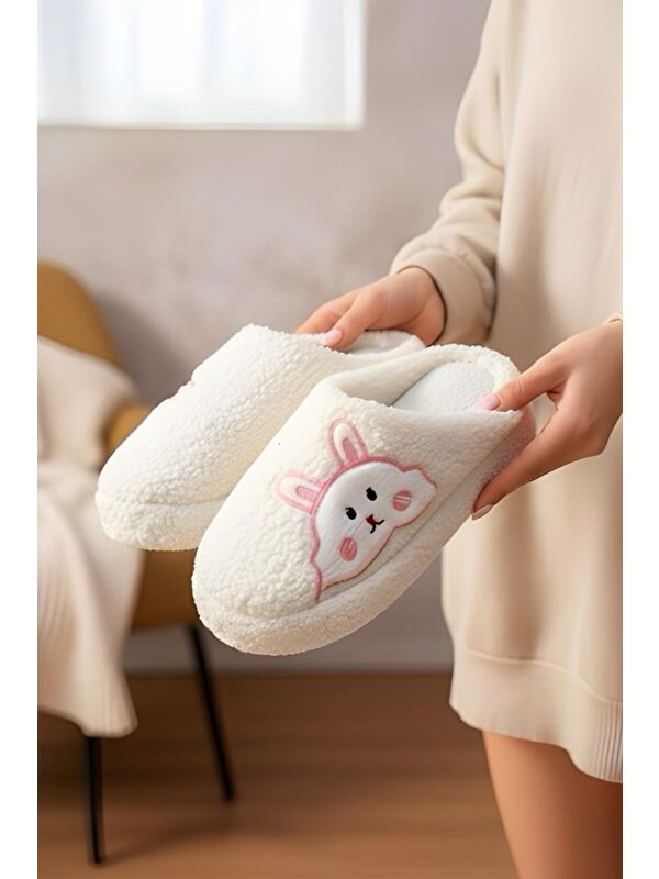 Ft 101 Tavşan Nakışlı Kadın Ev Terliği Pelüş Terlik Çeyiz ve Bohça Terliği Ses Yapmaz Kalın Taban - Görsel 2