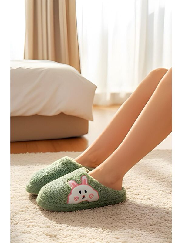 Ft 101 Tavşan Nakışlı Kadın Ev Terliği Pelüş Terlik Çeyiz ve Bohça Terliği Ses Yapmaz Kalın Taban - Görsel 3