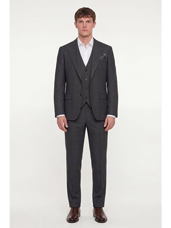 Sabri Özel Giotelli Erkek Siyah Dar Kesim Slim Fit Viskon Dokuma Normal Bel 6 Drop Yelekli Klasik Takım Elbise