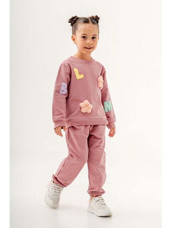 Magu Kız Çocuk Blom Pembe Kabartma Çiçek Pamuklu Sweatshirt Eşofman Alt-Üst Takım