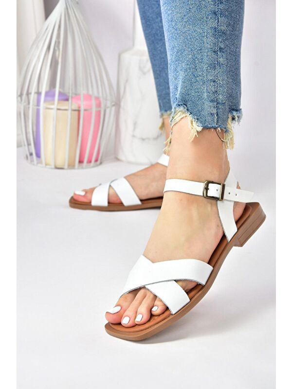Beyaz Hakiki Deri Çapraz Bantlı Günlük Kadın Sandalet M291041503 - Görsel 3