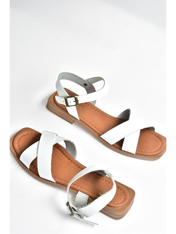 Beyaz Hakiki Deri Çapraz Bantlı Günlük Kadın Sandalet M291041503 - Görsel 6