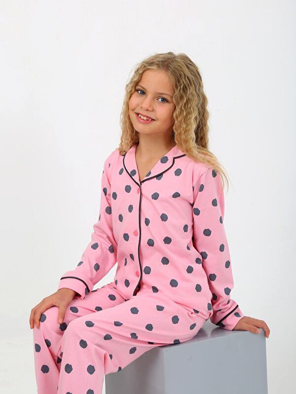 Vitmo Kız Çocuk Uzun Kollu %100 Pamuklu Düğmeli Pijama Takımı Soft