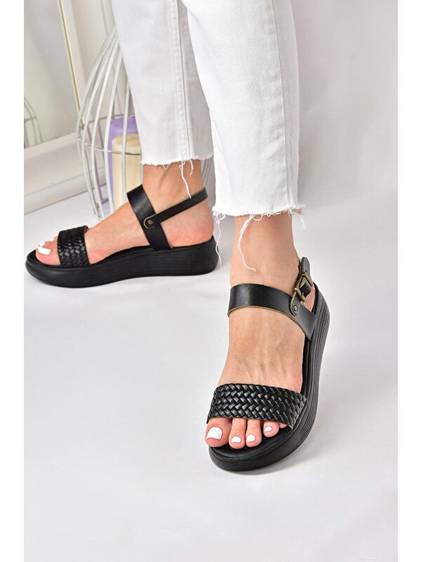 Siyah Hakiki Deri Örgü Modelli Günlük Kadın Sandalet M291053603 - Görsel 6