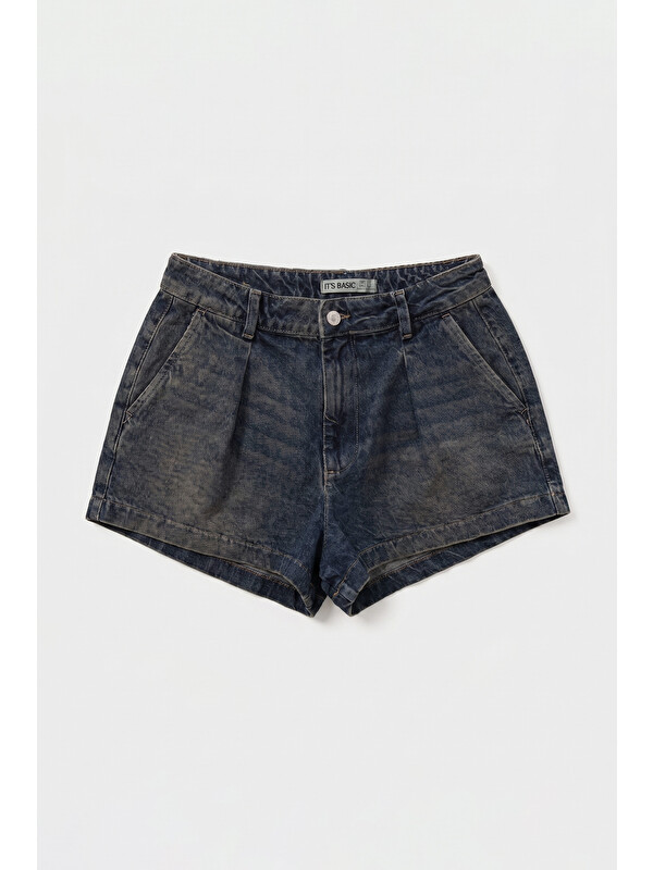 It's Basic Kadın Koyu Jean 2s6 Mini Pileli Denim Şort