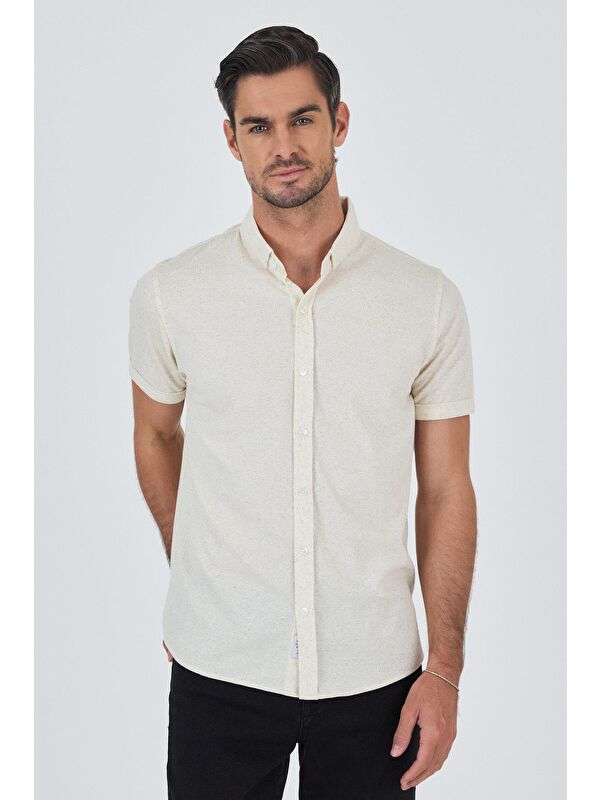 İMZA Ekru Kısa Kol Düz Örme Düğmeli Yaka Cepsiz Pamuklu Classic Slim Fit Gömlek 1004250155_609