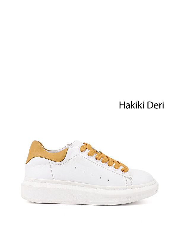 GÖNDERİ(R) Kadın BEYAZ-HARDAL Bağcıklı Dolgu Taban Hakiki Deri Sneaker