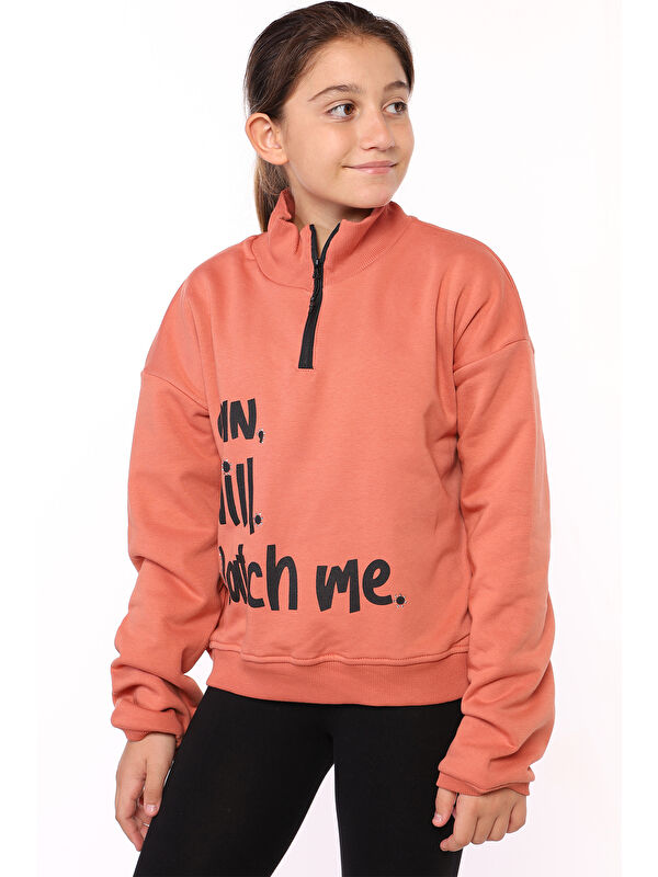 Toontoykids Kız Çocuk Dik Yaka Fermuarlı Baskılı Sweatshirt