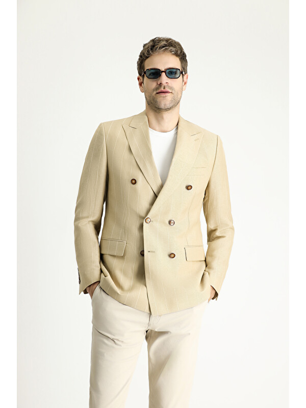 Kiğılı Kruvaze Çizgili Keten Karışımlı Blazer Ceket