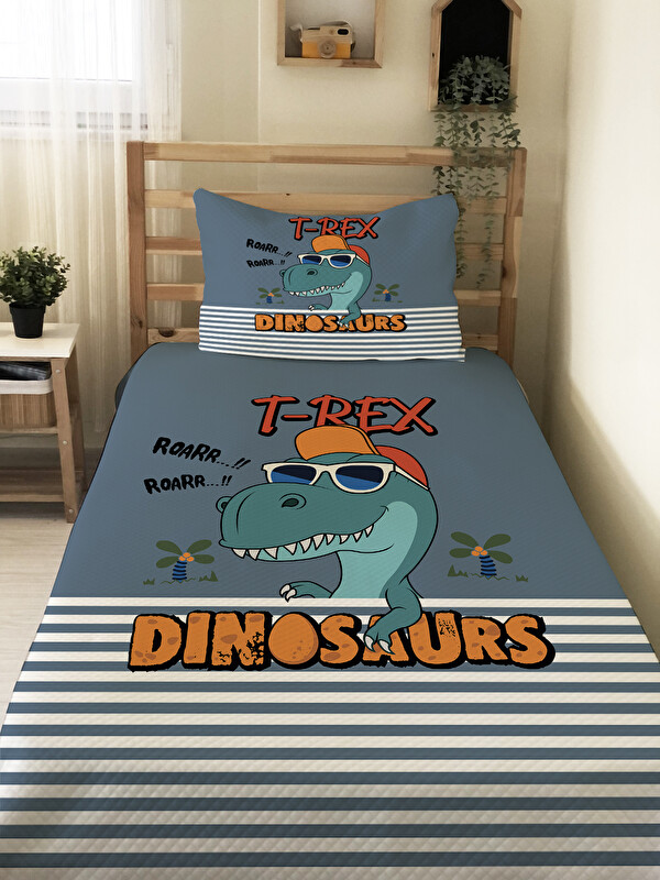 Evmila T-Rex Gözlüklü Dinozor Desenli Çocuk Pike Takımı - 160x220 Cm Pike 50x70 Cm Yastık Kılıfı